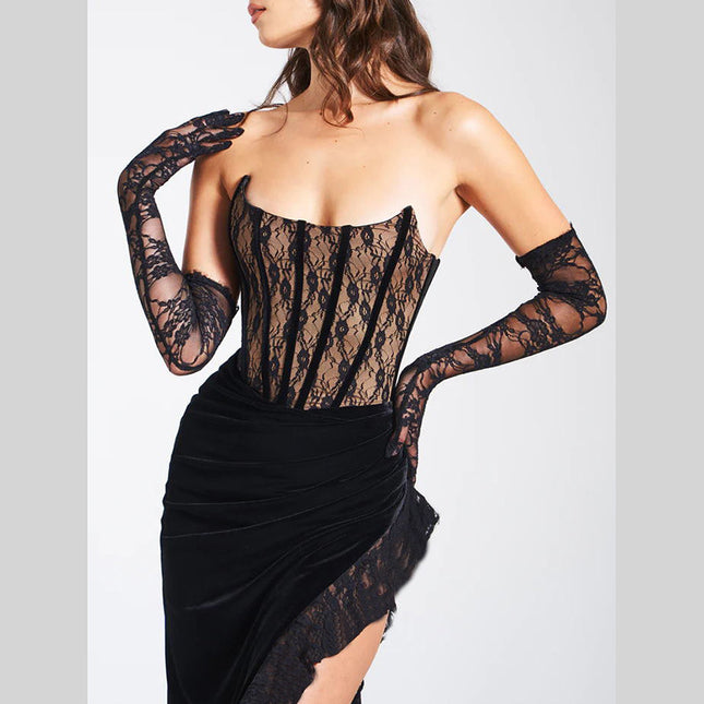 Jadore demure Sexy Lace Velvet Patchwork Dress
