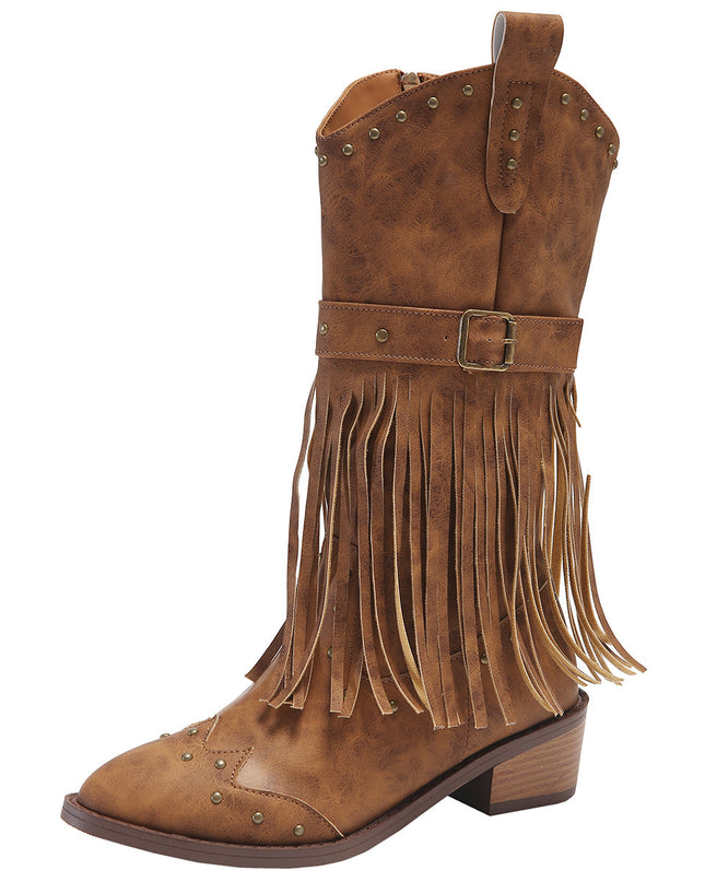 Demure savage Retro Tassel Boots With Rivet Strap Buckle Design
