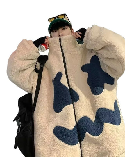 Demure  Winter Fleece-lined Thickening Embroidery Lamb Wool Coat For Men