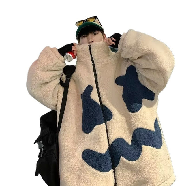 Demure  Winter Fleece-lined Thickening Embroidery Lamb Wool Coat For Men