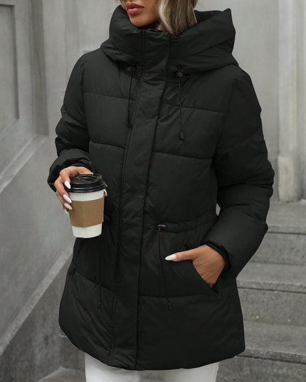 demure Casual Adjustable Waist Quilted Mid-Length Hooded Padded Coat Clothes For Women