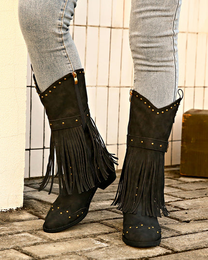 Demure savage Retro Tassel Boots With Rivet Strap Buckle Design