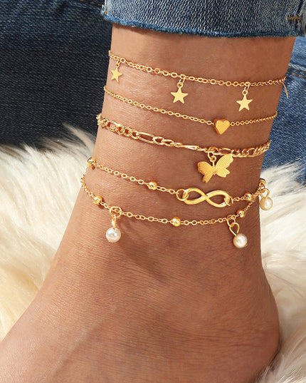 Demure belldoir Butterfly Pearl Heart Anklet 4-piece