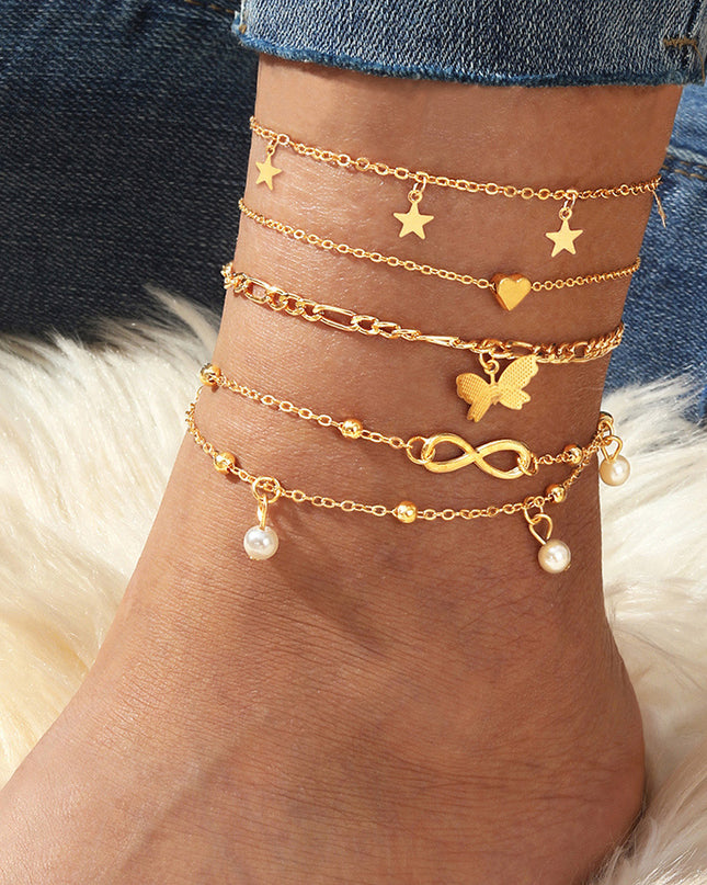 Demure belldoir Butterfly Pearl Heart Anklet 4-piece