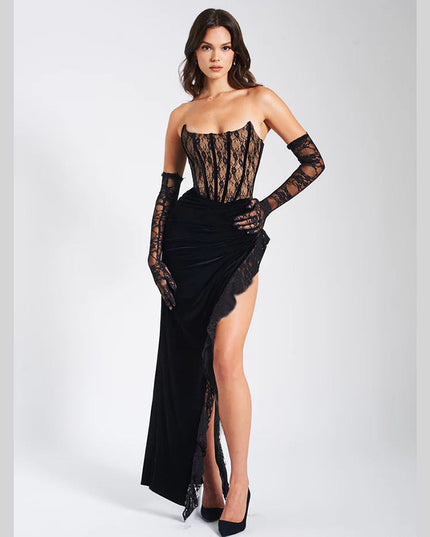 Jadore demure Sexy Lace Velvet Patchwork Dress