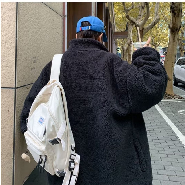 Demure  Winter Fleece-lined Thickening Embroidery Lamb Wool Coat For Men