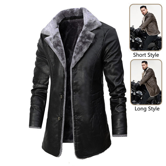 demure Plush Lapel Leather  Coat For Men