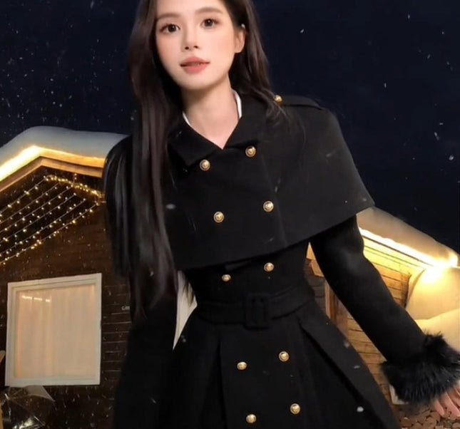 demure French Style Retro Waist-controlled Woolen Coat For Women